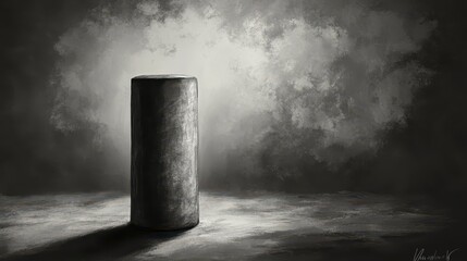 Monochrome Cylinder on a Dark Background with Soft Cloud Effects