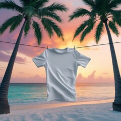 Photo of a crisp White T-shirt mock-up blown by a gentle wind while hanging on a single thin wire strung between two tall palm trees with lush green leaves at sunset.