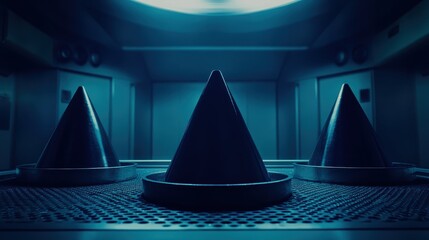 Mysterious Conical Structures in a Dimly Lit Industrial Space