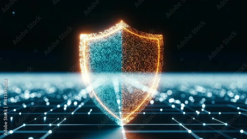 Poster a glowing shield symbolizing digital security and protection against cyber threats set against a bac
