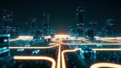 A futuristic cityscape illuminated by glowing blue and orange lines showcasing a digital network of streets and skyscrapers under a dark sky representing advanced technology and urban development - Powered by Adobe