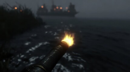 Mysterious Seascape with Flare Lighting Up Dark Water Scene