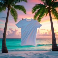 professional photo of a crisp White T-shirt mock-up blown by a gentle wind while hanging on a single thin wire strung between two tall palm trees with lush green leaves at sunset.