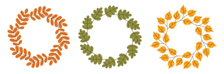 Set of large hand drawn autumn wreaths made of various leaves. Perfect for seasonal design projects, packaging, and invitations.