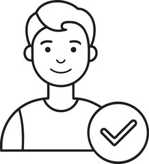 Black and white outline icon of a smiling person with a checkmark user profile