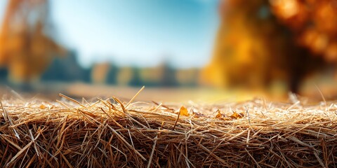 Surface golden hay bale against blurred autumn trees and blue sky. Rural atmosphere, background for harvest themes, for displaying farming products, thanksgiving banner