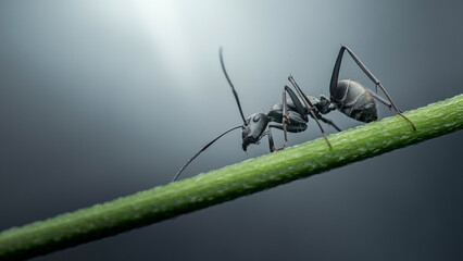 Black ant walking on a green plant stem