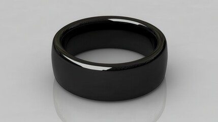 Sleek Black Ring with Glossy Finish Reflecting Light on Surface