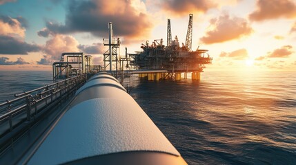 Offshore Oil Rig at Sunset with Pipeline Leading to Horizon