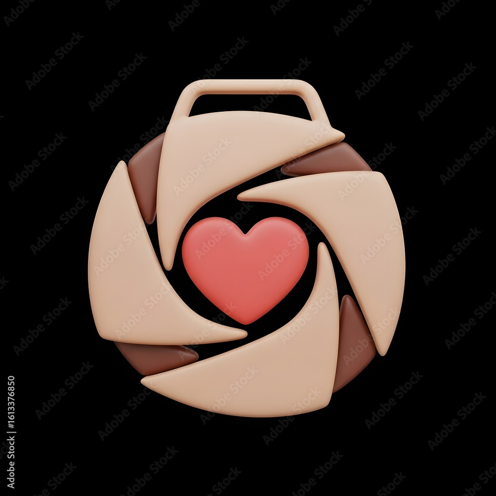 Poster a stylized, three-dimensional rendering of a heart encompassed by a camera aperture.