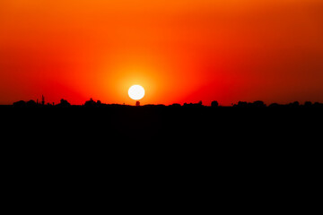 Sunset Skyline Silhouettes: Vibrant Orange and Red Skies Over a Summer Cityscape at Dusk
