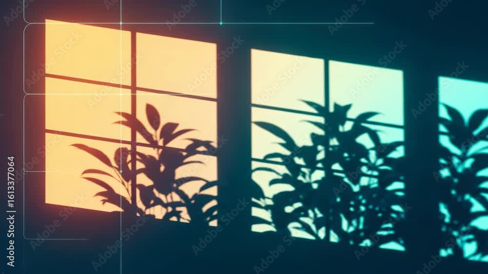 Poster a serene interior scene featuring silhouetted plants against a softly lit window creating a tranquil
