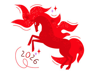 red fire horse symbol of the 2026 new year. red horse with a fiery mane drawn in a flat style with texture. stock vector illustration. EPS 10.