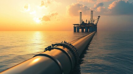 Oil Pipeline Leading to Offshore Oil Rig at Sunset Over Ocean Horizon