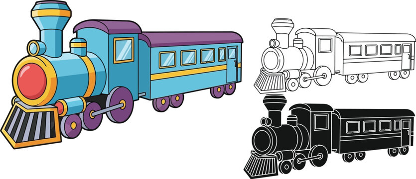 Cartoon train illustration vector graphics for kids drawing book and coloring page design set