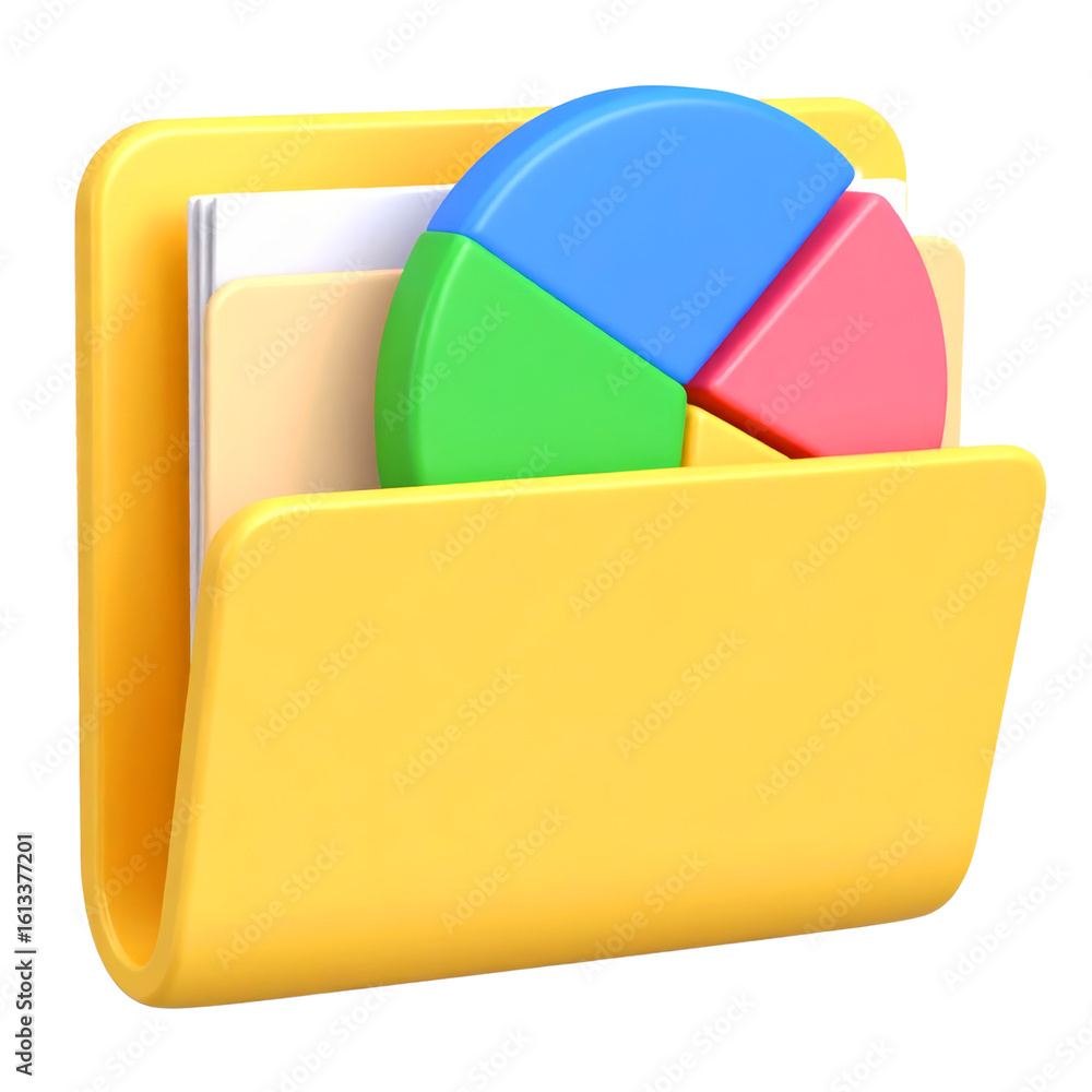 Poster yellow folder document pie chart data analysis report business finance colorful 3d illustration orga