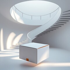 Photo of a sleek Blank product box mock-up levitating above a spiral staircase with precise architectural shadows in a surreal minimalistic white space featuring a dynamic composition.