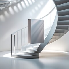 A photo of a sleek Blank product box mock-up levitating above a spiral staircase with precise architectural shadows in a surreal minimalistic white space featuring a dynamic composition.