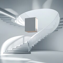 professional photo of a sleek Blank product box mock-up levitating above a spiral staircase with precise architectural shadows in a surreal minimalistic white space featuring a dynamic composition.
