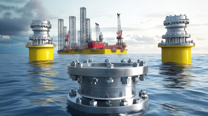 Oil Rig Elements with Drilling Equipment in Calm Ocean Waters