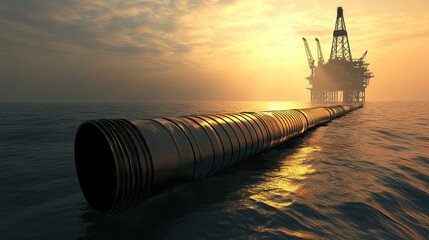 Oil Rig Sunset with Pipes Over Water at Dusk in Industrial Scene