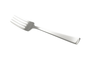 A sleek stainless steel fork with a reflective finish and a slightly curved handle. 3D Illustration