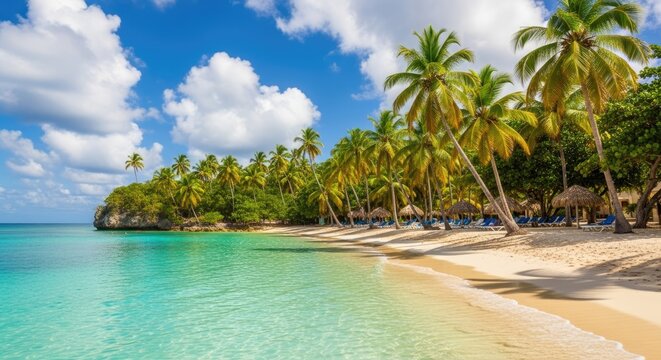 Escape to paradise find your serene tropical beach getaway with crystal clear turquoise waters and lush palm trees swaying gently