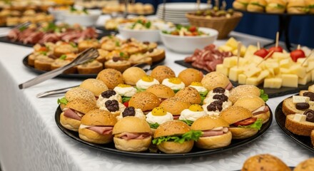 Fototapeta premium Delicious variety of gourmet appetizers and finger foods beautifully arranged for a sophisticated catering event or party celebration.