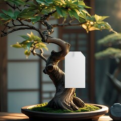 Photograph of a blank white product tag mock-up gently tied with a rustic twine to the gnarled branch of a bonsai tree in a traditional Japanese setting.