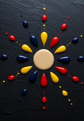 Top-Down Paint Sunburst on Dark Slate – Glossy Red, Yellow, Navy, and Beige Splashes in Modern Minimalist Composition