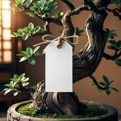 A photograph of a blank white product tag mock-up gently tied with a rustic twine to the gnarled branch of a bonsai tree in a traditional Japanese setting.
