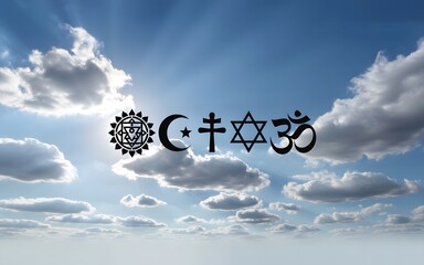 Religious symbols representing different faiths against a cloudy sky