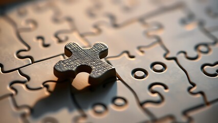 Single puzzle piece nearing completion, dramatic shadows highlighting connection.