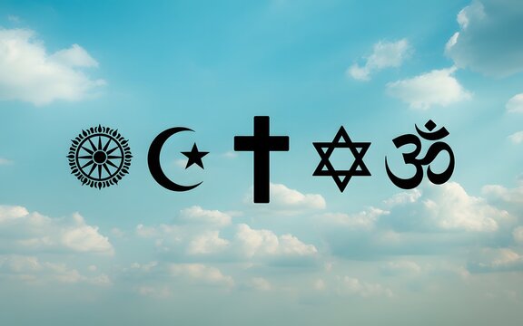 Diverse religious symbols representing different faiths against a cloudy sky