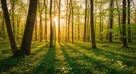 Obraz premium Sunbeams pierce through a vibrant green forest canopy, illuminating a carpet of wildflowers and casting long shadows on the forest floor.