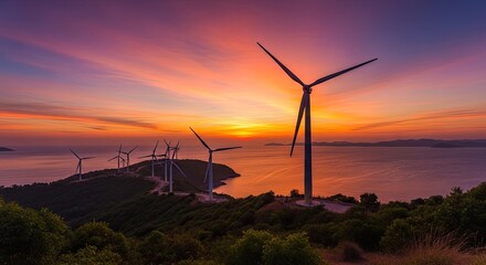 Obraz premium Stunning wind turbines harness vibrant sunset energy over serene ocean landscape, showcasing renewable power and natural beauty.