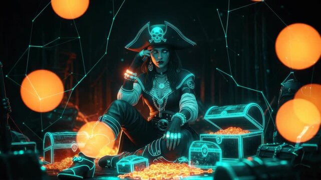 A futuristic pirate character in a neon-lit setting surrounded by glowing treasure chests filled with gold coins creating an adventurous atmosphere with digital elements in the background