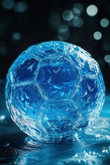 A stunning blue crystal soccer ball glistens under soft lighting, creating a captivating and dynamic atmosphere.