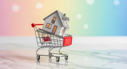 Imagine effortless home buying as a miniature house is conveniently placed inside a shopping cart ready for purchase