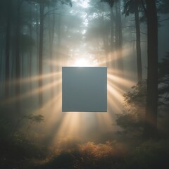 A professional photograph of a floating blank white square canvas suspended in the midst of a dense dark forest filled with morning fog and illuminated by soft light rays shining.