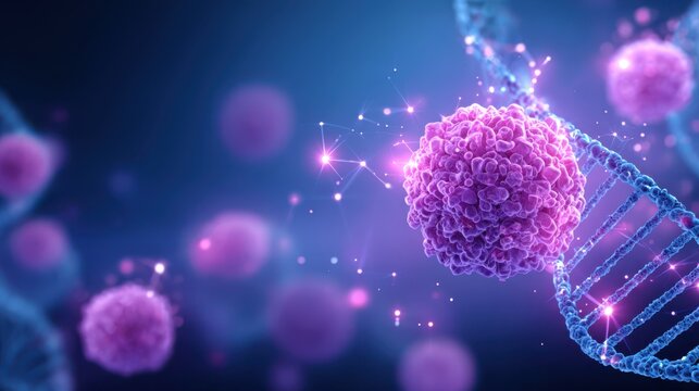 AI-powered diagnostics for personalized healthcare. A digital illustration showing purple cancer cells near a glowing DNA double helix strand on a blue background.