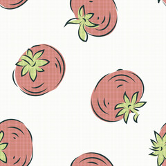 Vector playful red hand-drawn tomato seamless pattern background. Retro painterly tomatoes on linen look backdrop. Vintage kitchen look.Retro rustic charm for country cafe, restaurant, farmers market