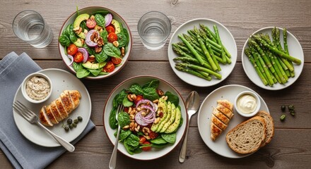 Savor this vibrant, healthy meal featuring grilled chicken, fresh salads with avocado and spinach, and crisp asparagus, perfect for promoting wellness and delicious cuisine.
