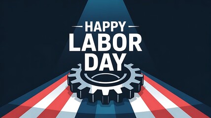 Photo of happy labor day with a gear wheel and american flag stripes in the background