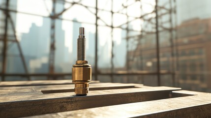 Close-up of a brass fastener on a construction site at sunrise