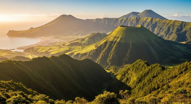 Stunning volcanic landscape bathed in golden hour light, showcasing lush green hills, a coastal town, and distant mountains under a clear blue sky