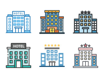 Iconic Hotel Buildings with Star Ratings in a Flat Vector Style
