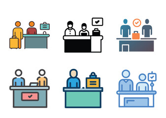 Obraz premium Set of airport check in counter, customer service desk vector icons