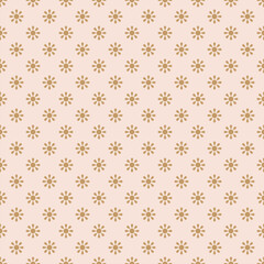Vector geometric floral seamless pattern. Cute background with small golden flowers, sun shapes. Retro vintage 1960s - 1970s style texture in pink and gold color. Repeated nostalgic design for decor