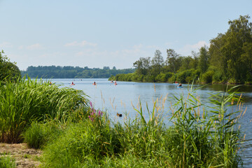 A tranquil and serene river landscape featuring enthusiastic kayakers amidst lush greenery